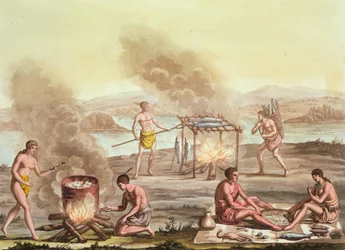 Indigenous Natives from Florida Preparing and Cooking Food